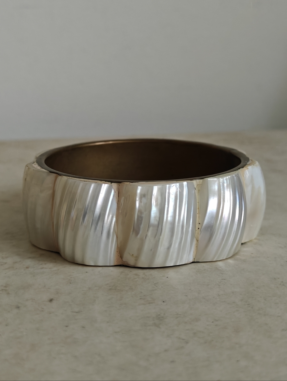 Rare Vintage Genuine Mother Of Pearl And Brass Bangle Bracelet